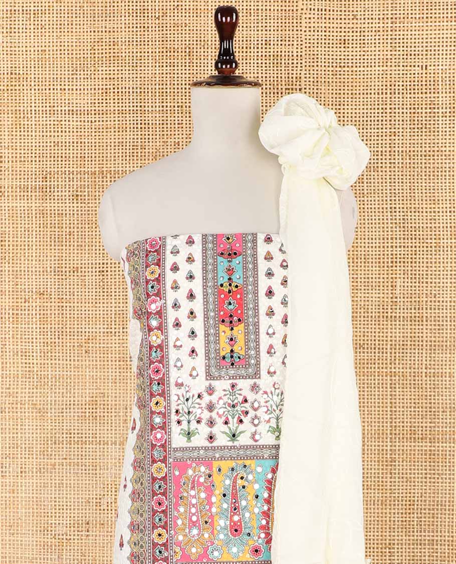 Cream with multi-color chikankari , butta design, mirror work cotton chudidhar material top with cotton pant & chikankari embroidery dupatta
