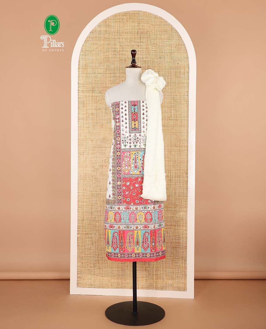 Cream with multi-color chikankari , butta design, mirror work cotton chudidhar material top with cotton pant & chikankari embroidery dupatta