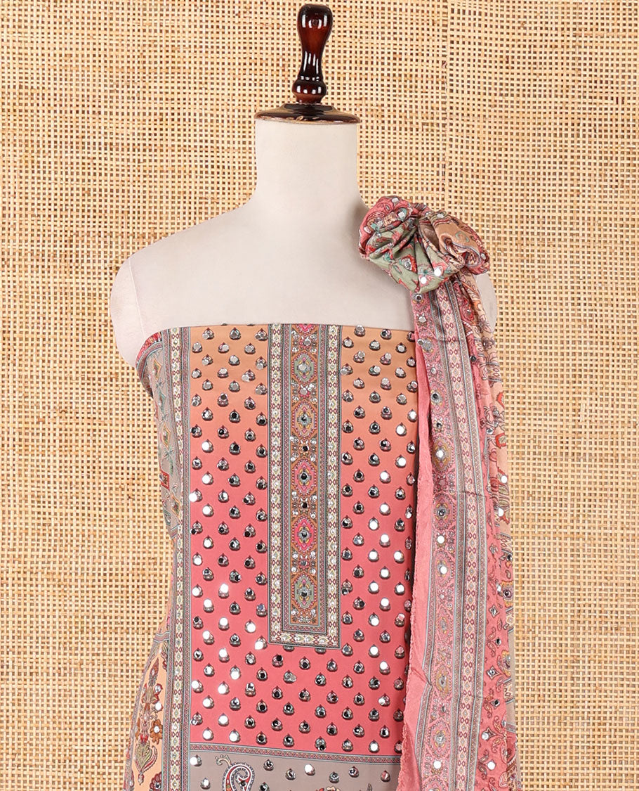 Mouse grey material chudidar set, intricate print & real mirrorwork crepe masakali top,plain bottom & intricate print & mirrorwork Chinon dupatta