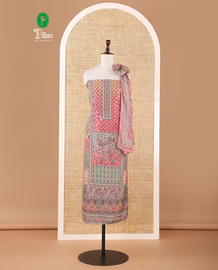 Mouse grey material chudidar set, intricate print & real mirrorwork crepe masakali top,plain bottom & intricate print & mirrorwork Chinon dupatta
