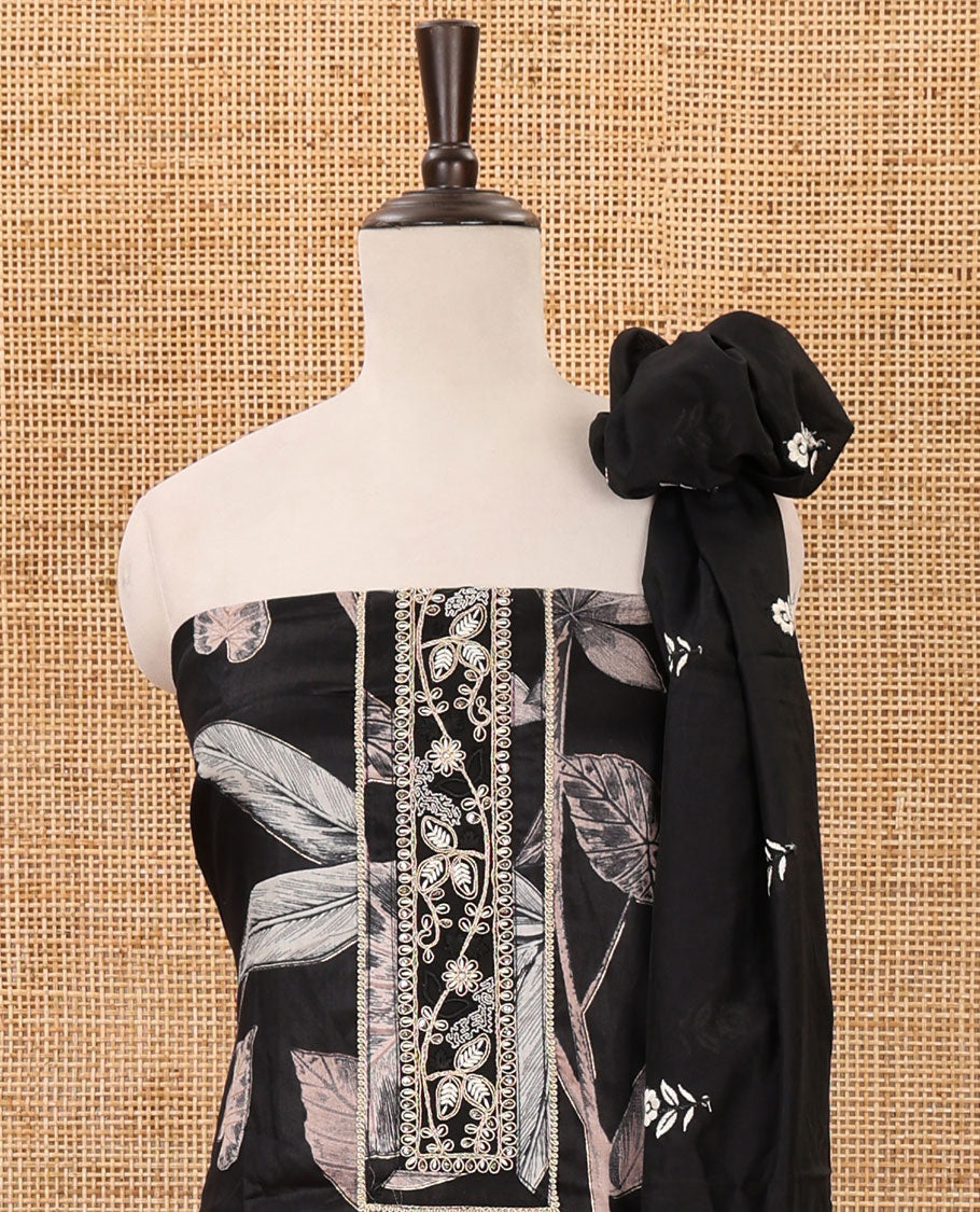Black material chudidar set, floral print & neck patch embroidery cotton top, plain bottom & floral motifs mul chanderi dupatta