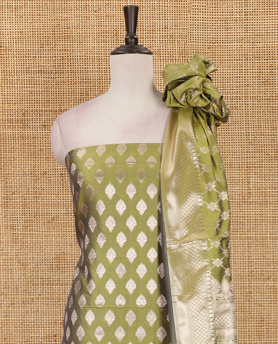 Green banarasi material chudidar set set, gold zari buttas woven top, plain bottom, and zari-rich jaal taffeta silk dupatta