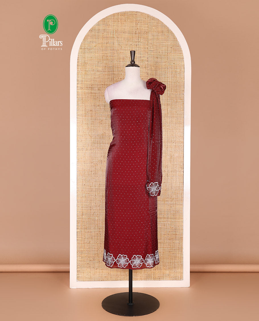 Magenta velvet organza material chudidar set, micro stone embedded with floral micro-stone embroidered top, Italian crepe bottom, and micro stone embroidered dupatta