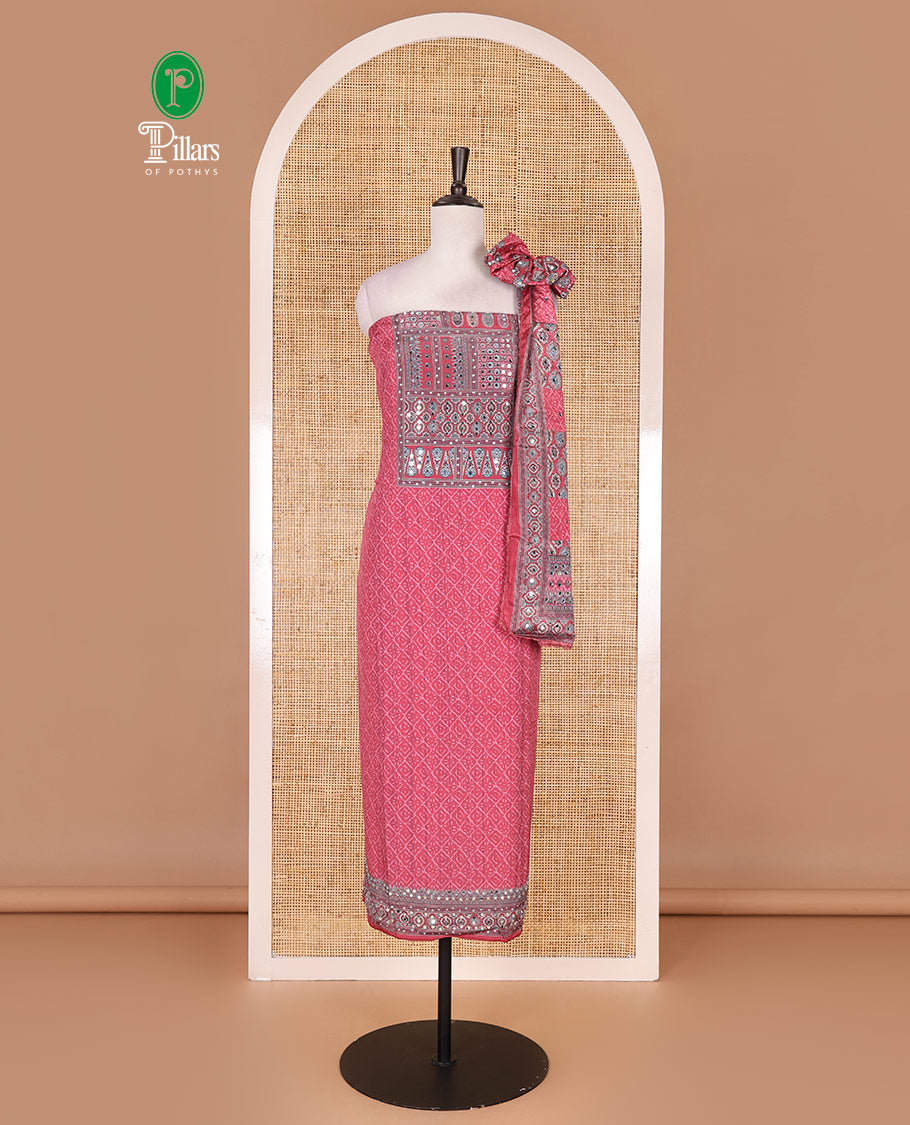 Pink material chudidar set, intricately printed with neck mirror work crepe top, Italian crepe bottom, and digital printed mirror work chinon dupatta