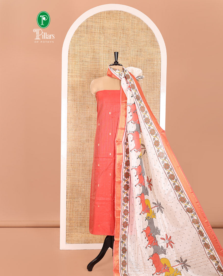 Orange Material Chudidhar Set, Delicately Woven with Dotted Stripes and Buttas on Its Semi-Silk Top, Plain Cotton Bottom, and Semi-Silk Dupatta Illustrating Pichwai Cow and Floral Print