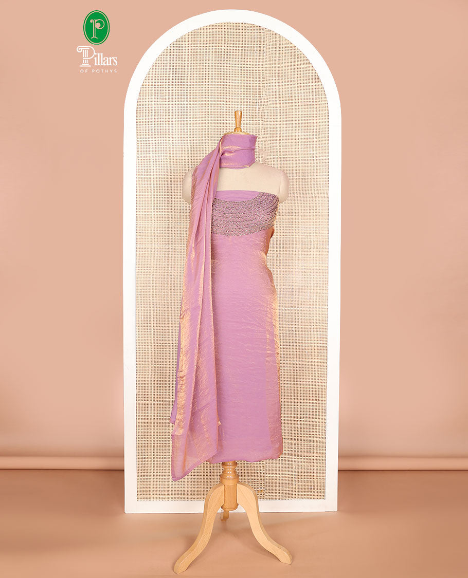 Pink jewllery antique neck handwork fendy organza chudidhar material set with santoon material pants & one side hanwork dupatta