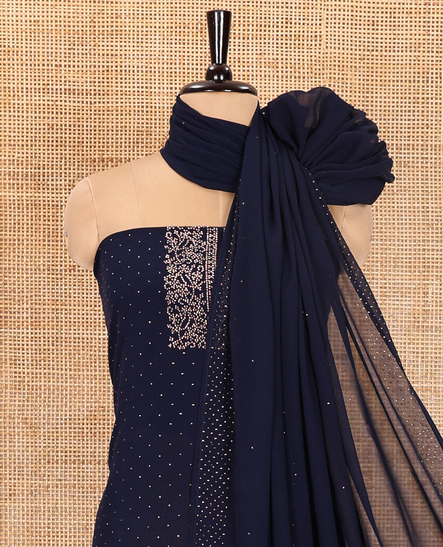 Blue Material Churidar Set, Decorated with Micro-Stone Work on Fox Georgette Top, Comes with a Plain Santoon Bottom, and Is Paired with a Fox Georgette Micro-Stone Work Dupatta