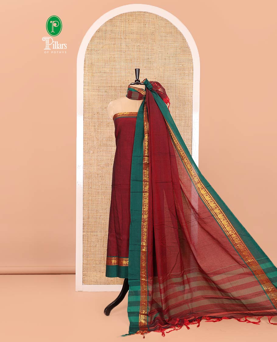 Maroon Plain Mercerised Cotton Material Churidar Set, Complemented by Contrast Elephant Motifs Woven Zari Border, Comes with a Plain Mercerised Cotton Bottom, and Is Paired with a Matching Mercerised Cotton Dupatta Mirroring the Same Design