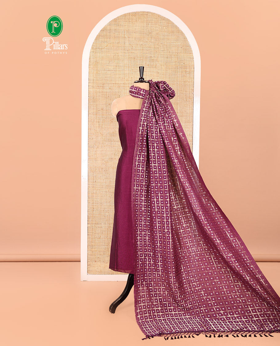 Purple Vichitra Silk Material Churidar Set, Subtly Made Plain Top, a Plain Santoon Bottom, and Paired with a Vichitra Silk Bandhani Dot Enclosed Checked Dupatta