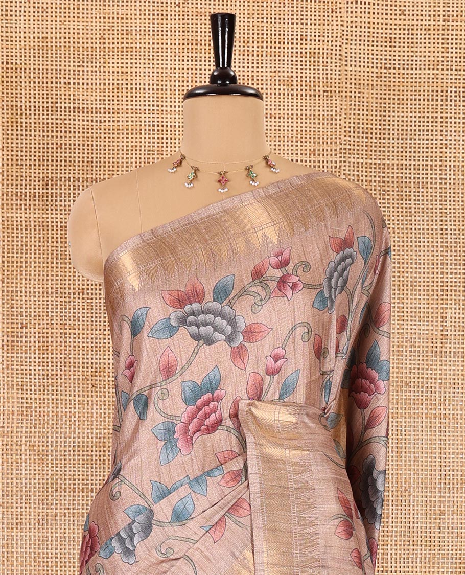 Sandal floral vine printed fancy tussar saree, zari temple border, floral printed pallu, and a matching zari woven blouse