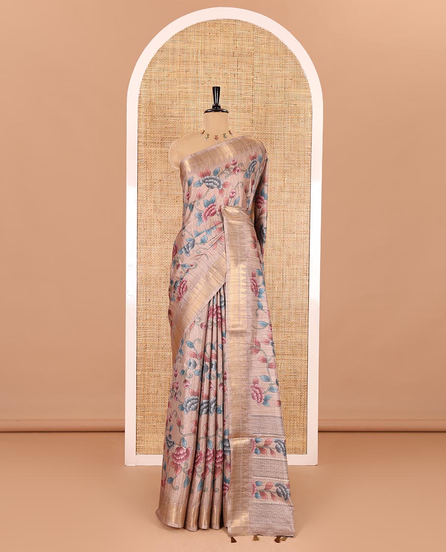 Sandal floral vine printed fancy tussar saree, zari temple border, floral printed pallu, and a matching zari woven blouse