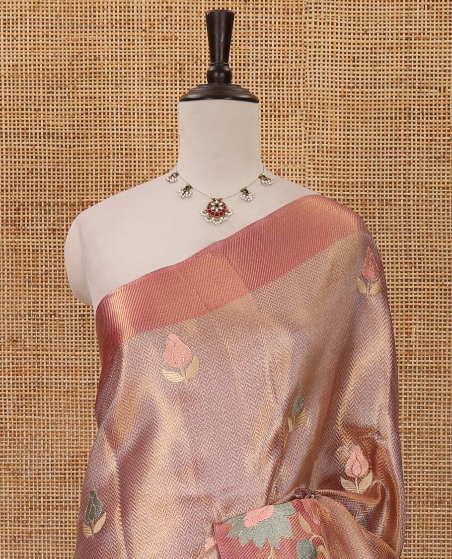 Glitter maroon floral embroidery celebrity tissue saree, floral vine multi-color thread embroidered border & embroidery pallu