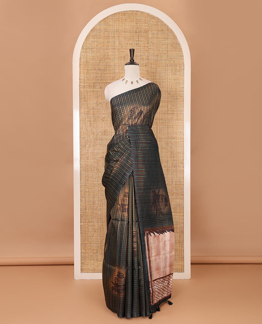 Borderless bottle green checked & clay pot motifs printed fancy tussar saree, contrast women with a pot printed pallu & pot printed blouse