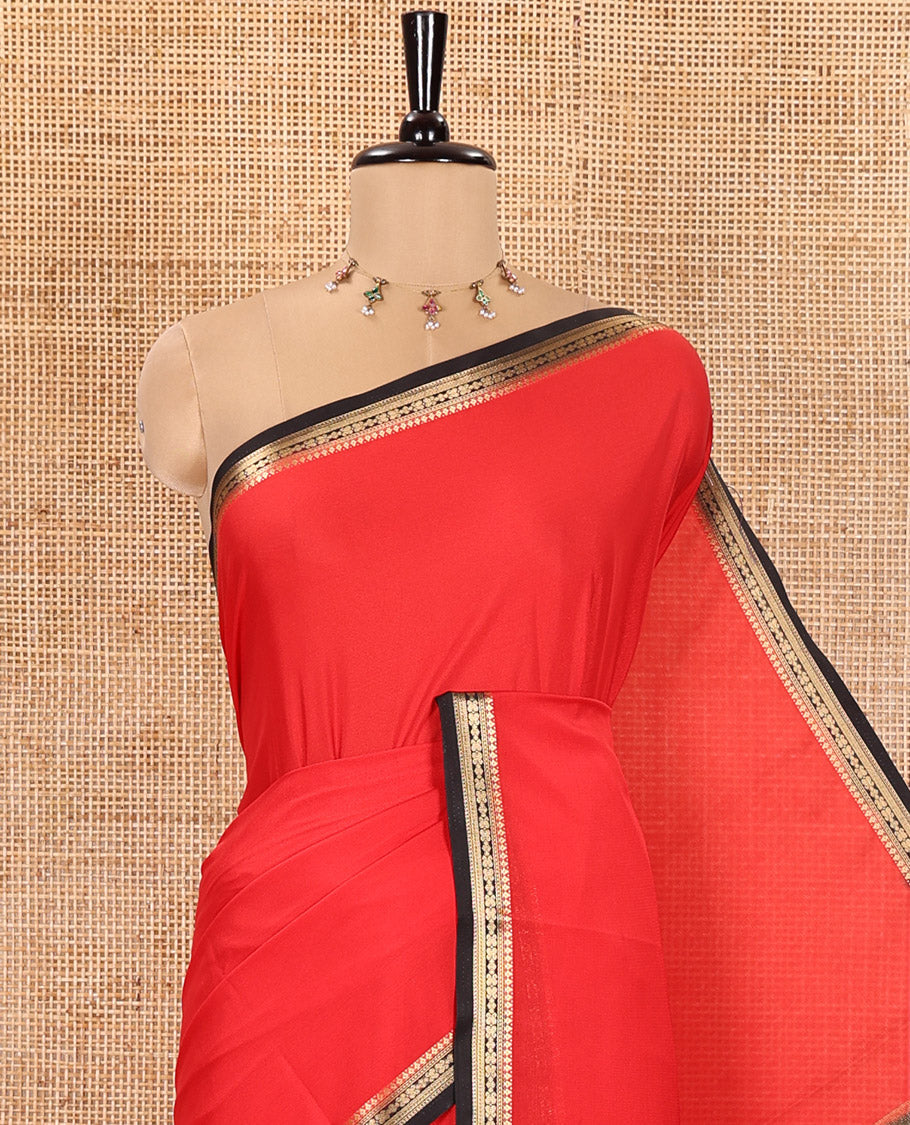 Red and Black Plain Semi-Mysore Silk Saree, Complemented by a Contrast Traditional Zari Design Thin Border, Pallu Steeped with Gleaming Zari Stripes, and Paired with a Contrast Blouse
