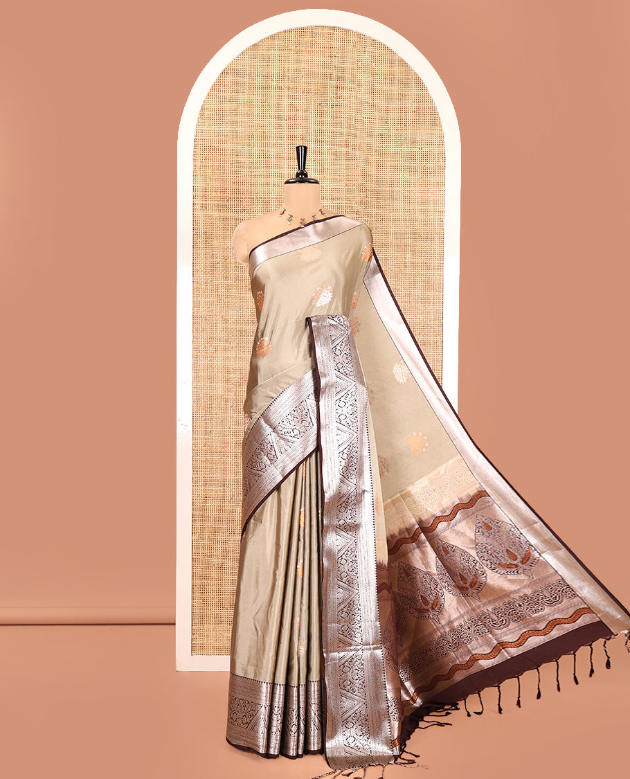 Biscuit-Brown Semi-Soft Silk Saree, Finely Crafted with Zari Buttas All Over Its Body, Complemented by a Contrast Traditional Zari Design Border, Intricately Designed Pallu, and Paired with a Contrast Blouse