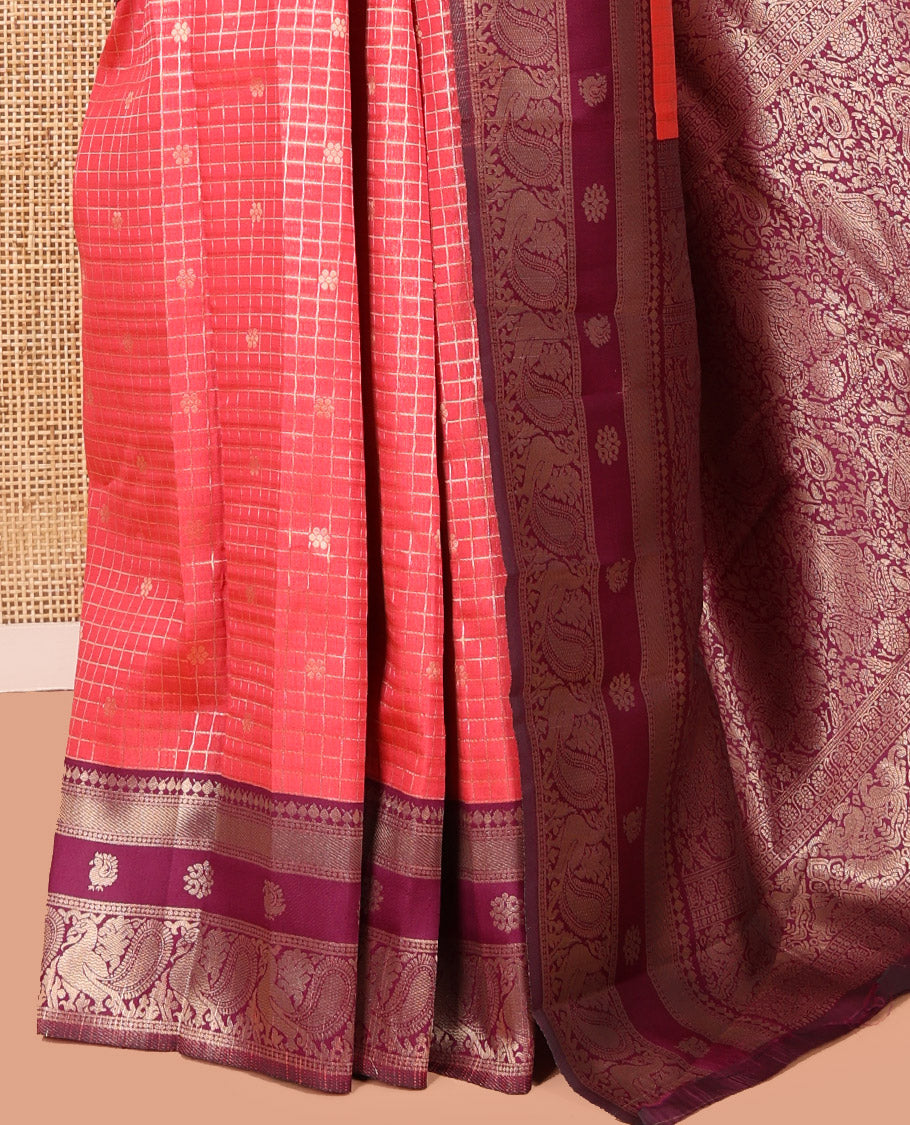 Rani Pink Litchi Saree Features Buttas and Checks, Contrast Traditional Peacock Border, Intricate Pallu, and a Contrast Blouse