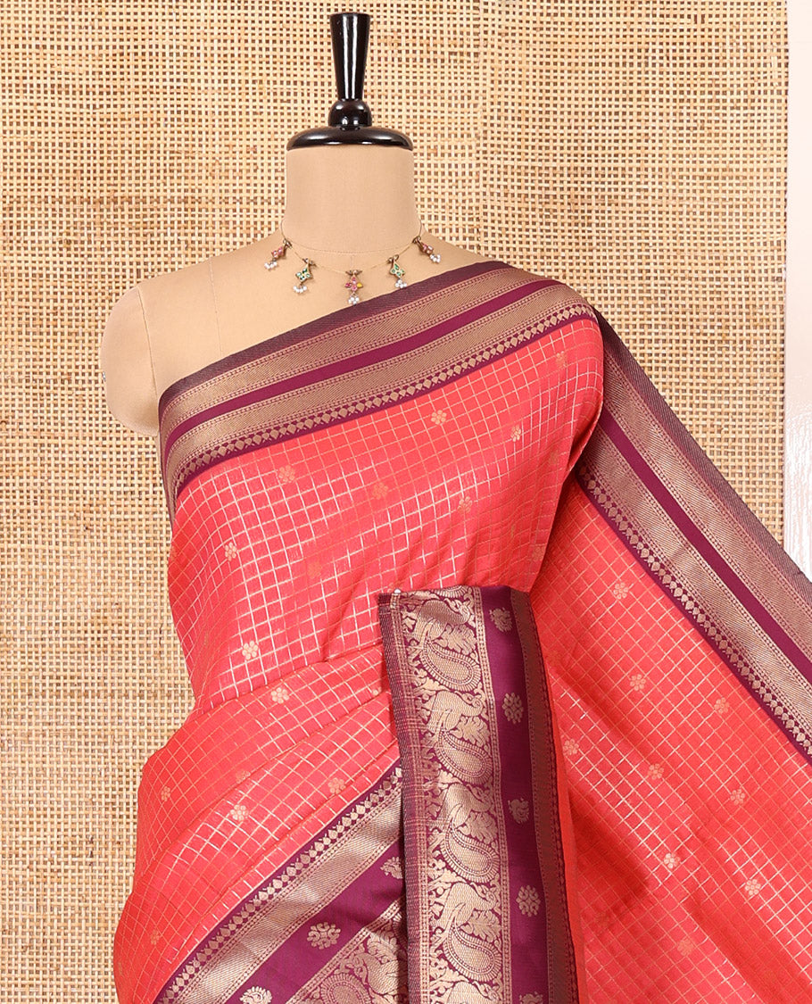 Rani Pink Litchi Saree Features Buttas and Checks, Contrast Traditional Peacock Border, Intricate Pallu, and a Contrast Blouse