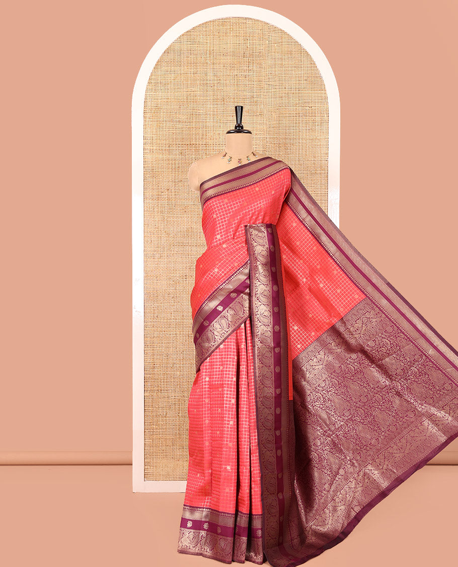 Rani Pink Litchi Saree Features Buttas and Checks, Contrast Traditional Peacock Border, Intricate Pallu, and a Contrast Blouse
