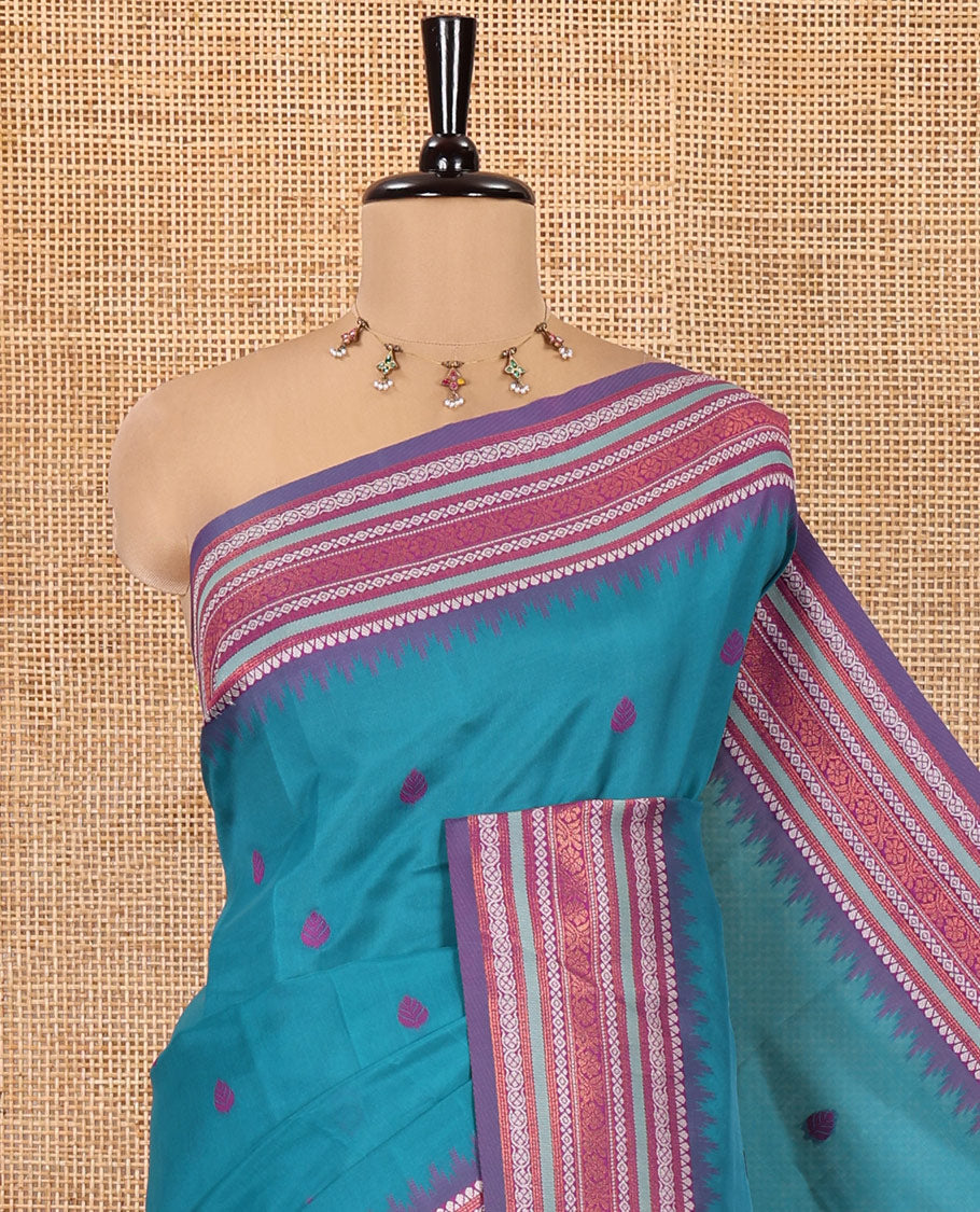 Rama Blue Litchi Chettinad Saree, Subtly Woven with Thread Leaf Buttas, Contrast Traditional Border, and a Contrast Blouse