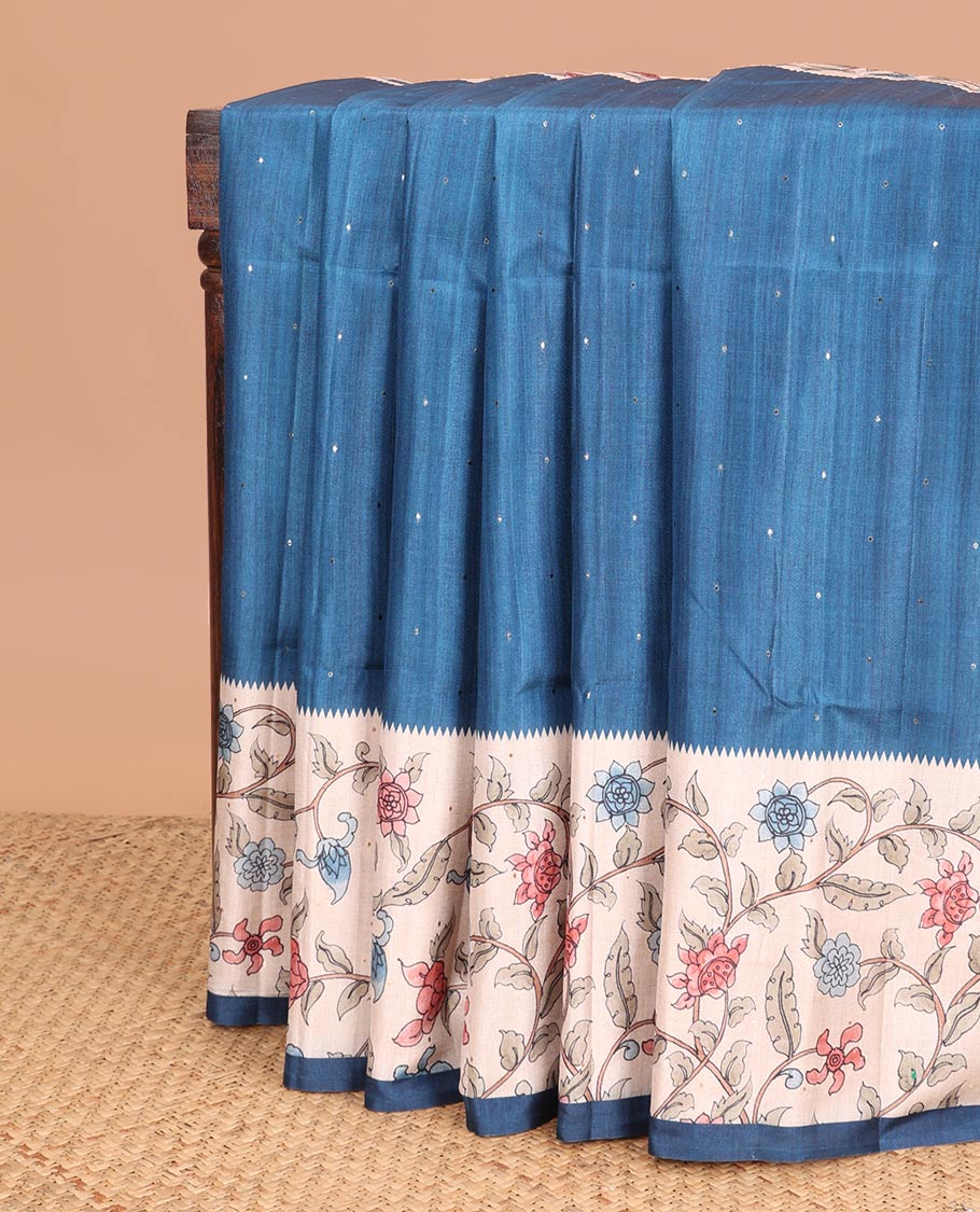Dark blue zari butta fancy tussar saree with kalamkari style border & kalamkari pallu along with printed blouse