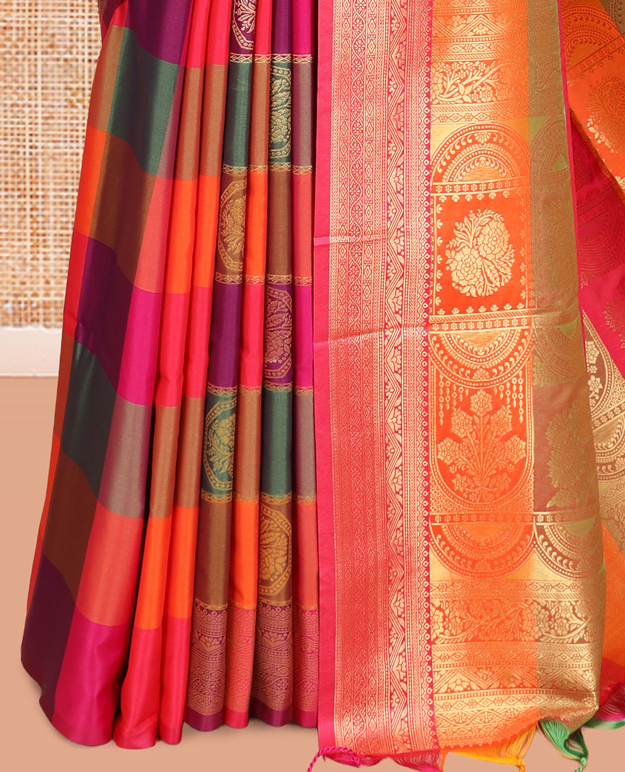 Multi-Color Palum Pazhamum Checked Fancy Soft Silk Saree, Bedecked with Zari Buttas, a Zari Border, Rich Pallu, a Matching Blouse