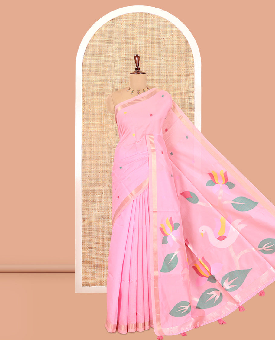 Pink Meena Buttas Fancy Organza Silk Saree, a Zari Border, Paithani Floral-Bird Pallu, Matching Blouse
