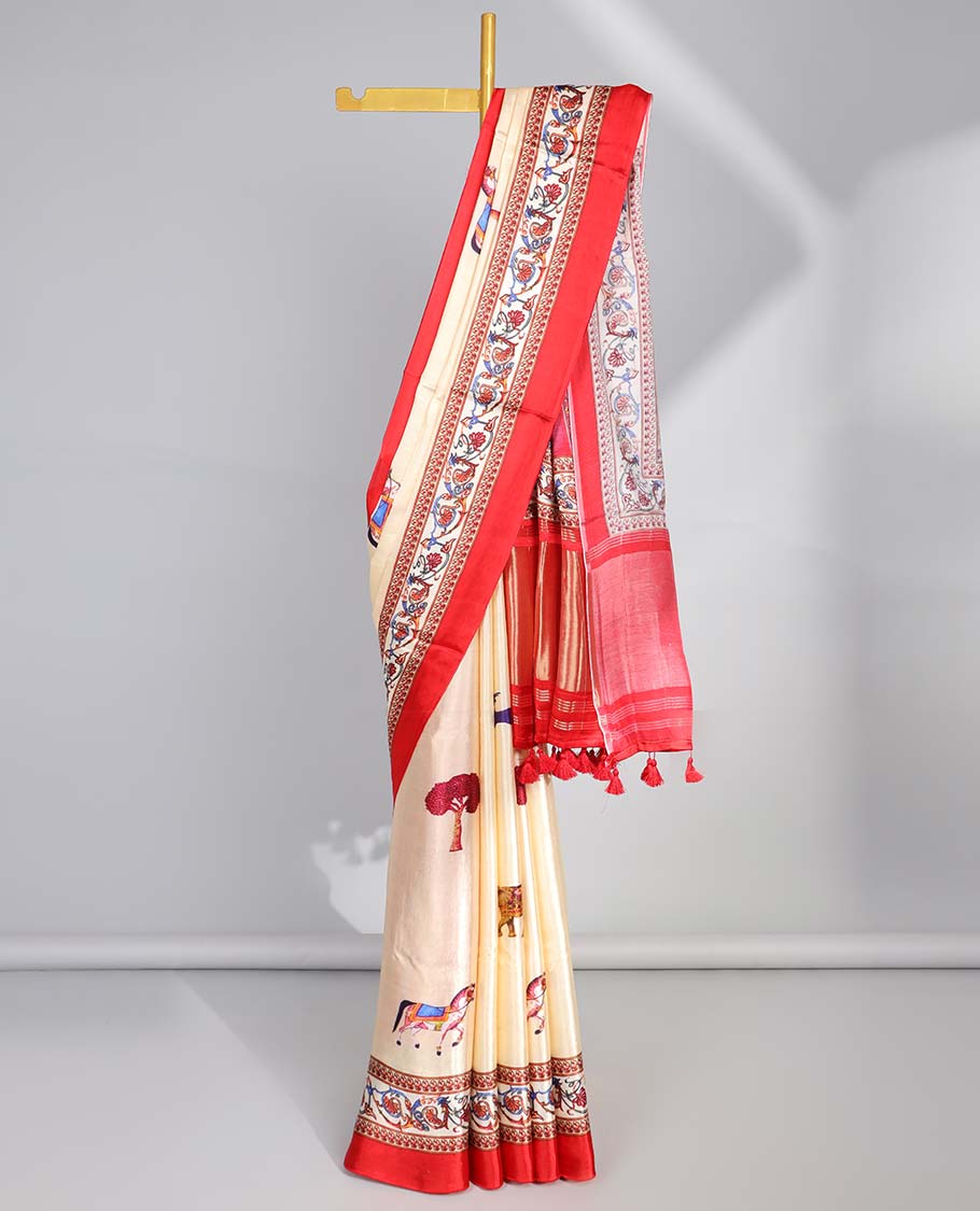 Cream animal motifs semi-banaras printed saree with contrast plain border & intricate design pallu