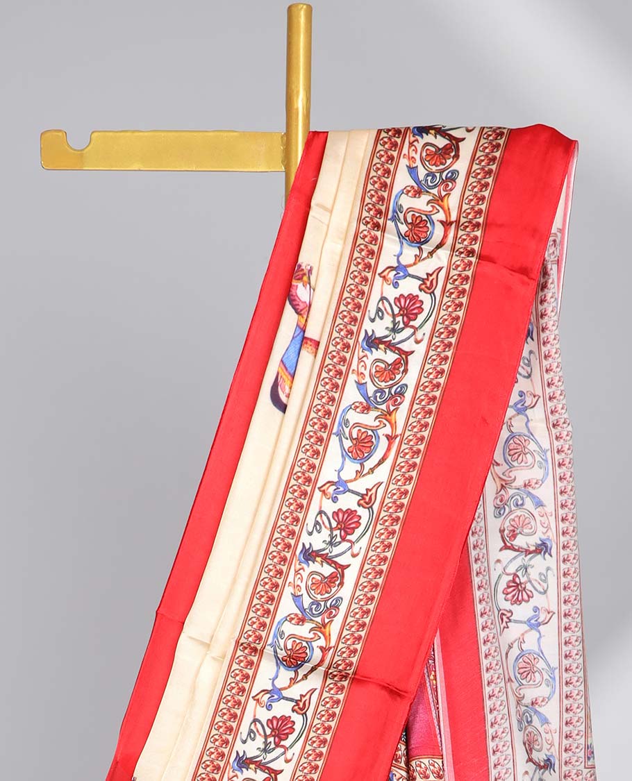 Cream animal motifs semi-banaras printed saree with contrast plain border & intricate design pallu