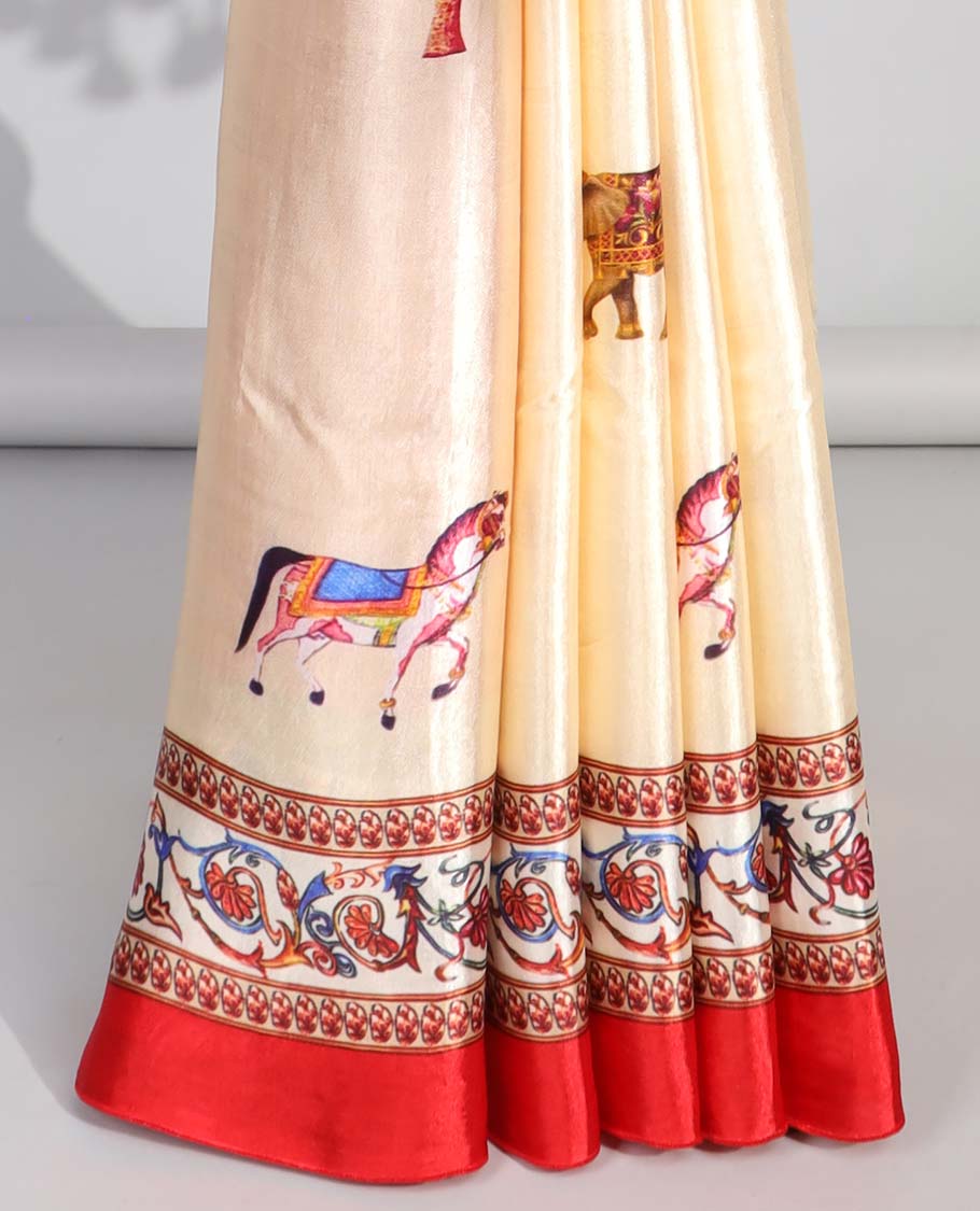 Cream animal motifs semi-banaras printed saree with contrast plain border & intricate design pallu