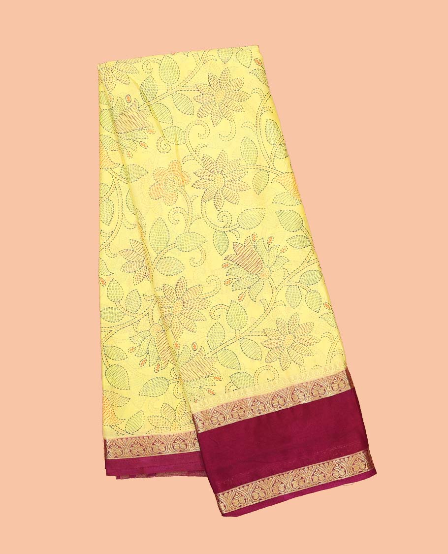 Yellow madhubani-style floral vine semi-banaras printed saree, contrast traditional design border & striped pallu