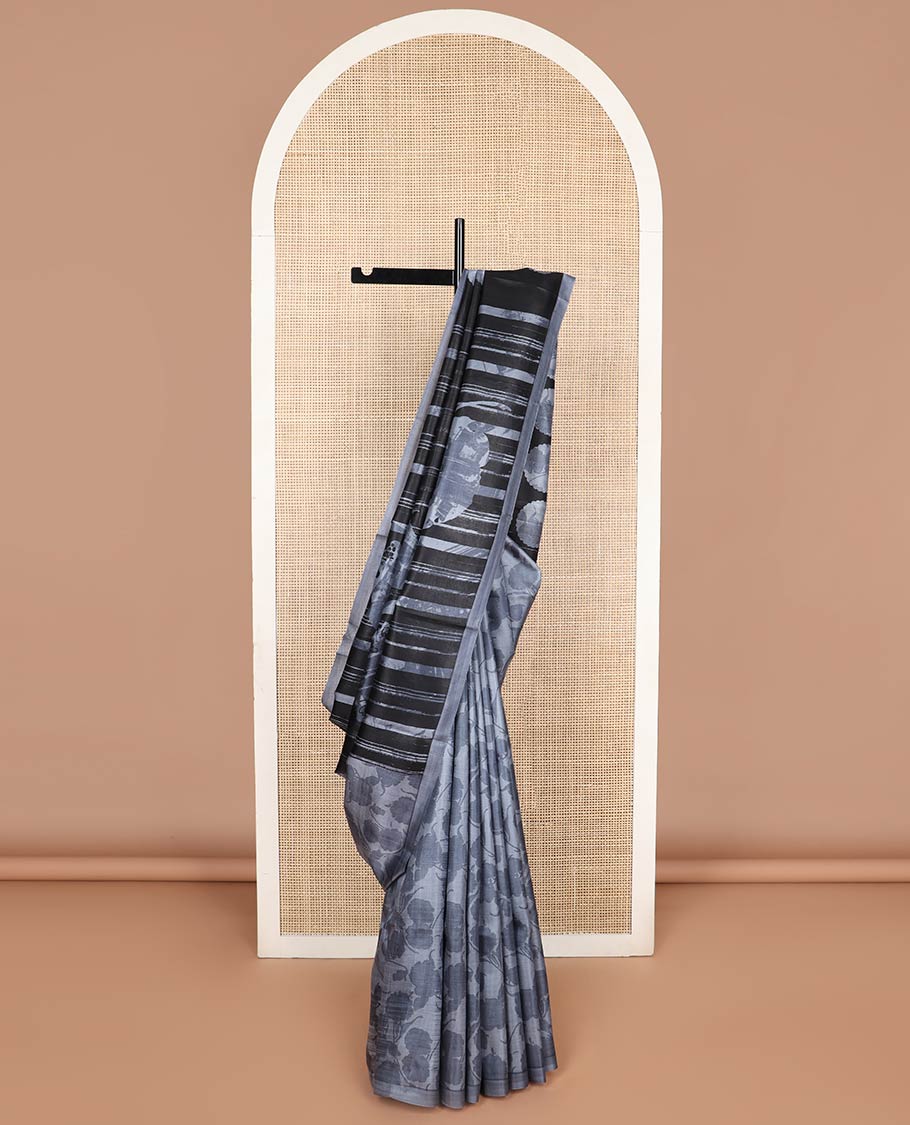 Grey striped printed silk saree with contrast border & round motifs pallu