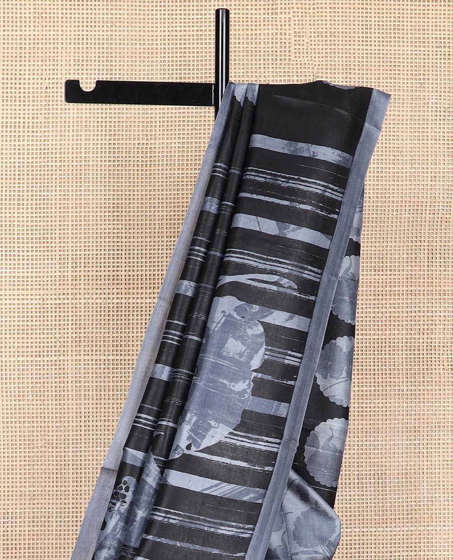 Grey striped printed silk saree with contrast border & round motifs pallu