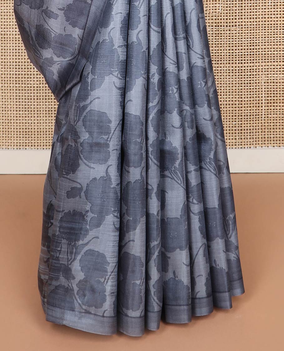 Grey striped printed silk saree with contrast border & round motifs pallu