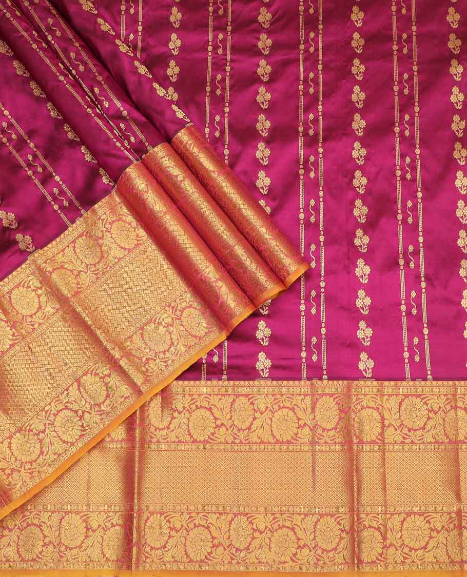 Dark pink floral design silk half saree with contrast border of thilakam mokku, banaras, paun design, zari design blouse & zari design border dhavani