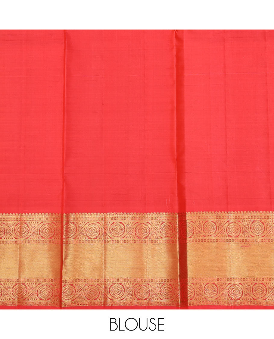 Red pure-silk half saree, jacquard skirt, zari border & blouse of salngai,muthu,rudraksham & kodi visiry & zari-rich dhavani