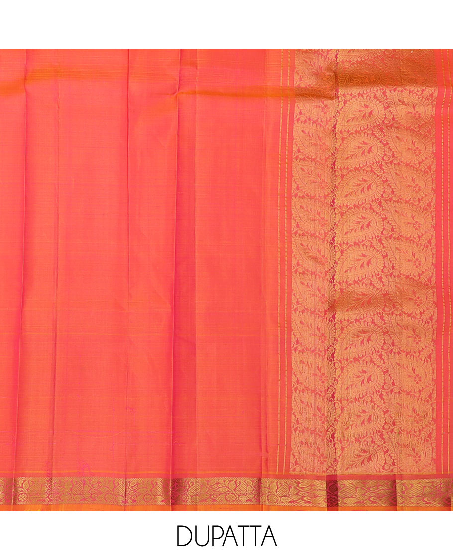 Red pure-silk half saree, jacquard skirt, zari border & blouse of salngai,muthu,rudraksham & kodi visiry & zari-rich dhavani