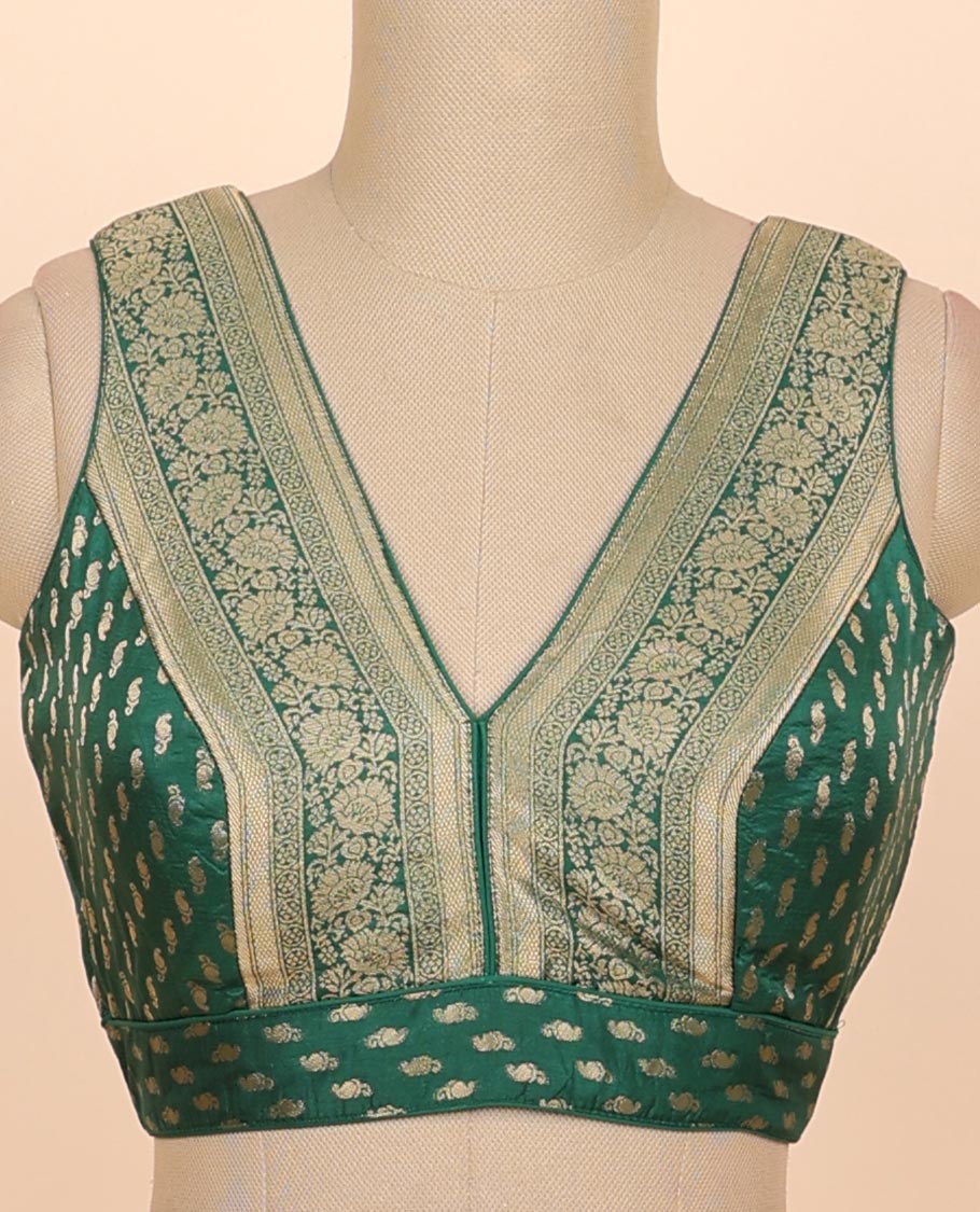 Dark green floral zari design front & back deep v-neck raw-silk readymade sleeveless blouse