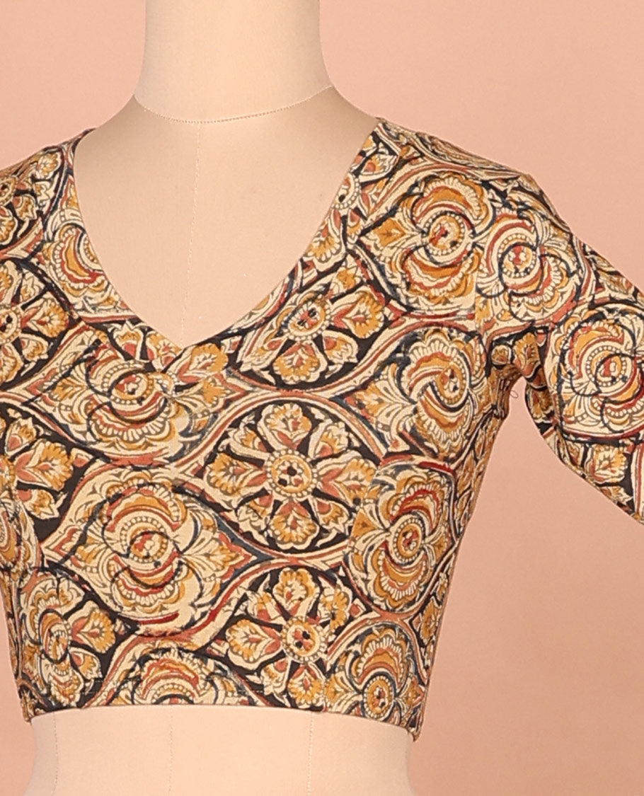 Yellow ogee patterns printed front and back leaf neck elbow sleeve cotton readymade blouse