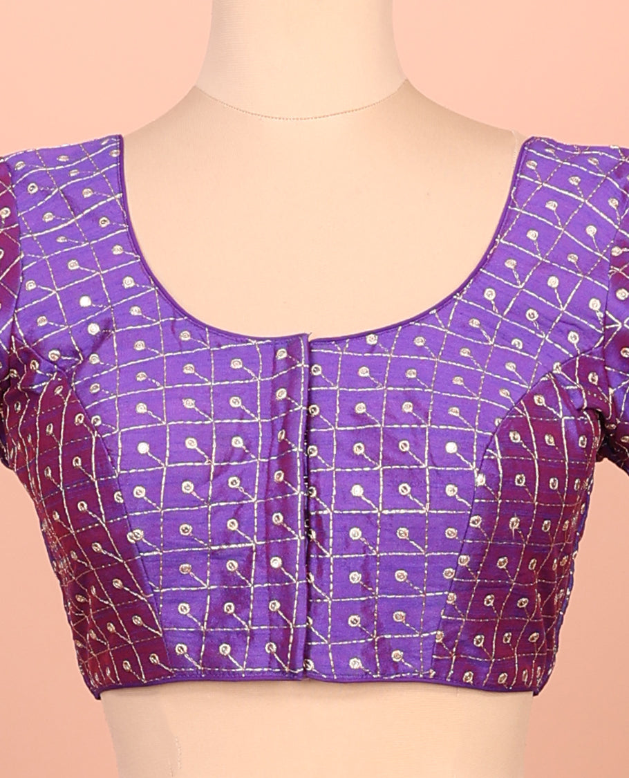 Violet Readymade Blouse Featuring Embroidery, a Front Round-Neck, Back Round-Neck, and Elbow Sleeves