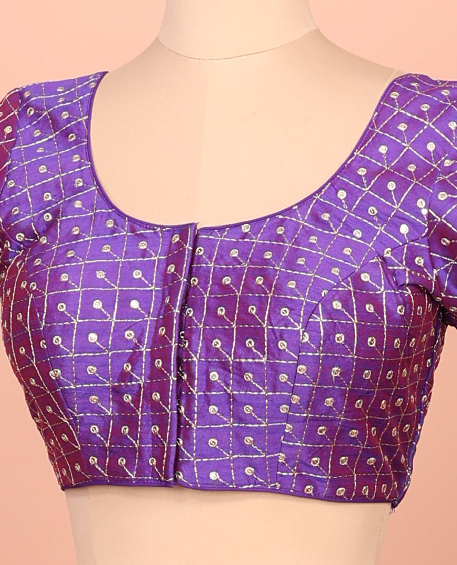 Violet Readymade Blouse Featuring Embroidery, a Front Round-Neck, Back Round-Neck, and Elbow Sleeves