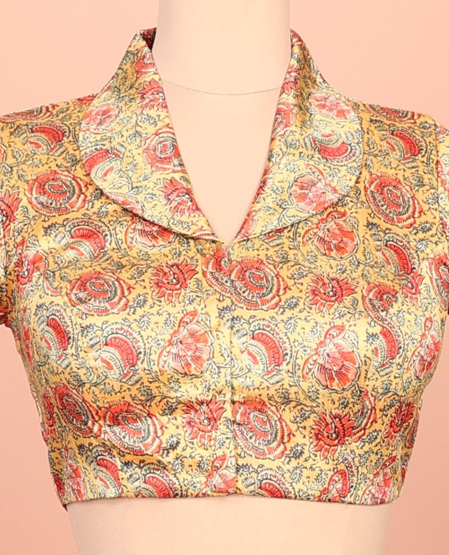 Yellow Readymade Blouse, Adorned with a Floral Vine Print, Featuring a Front Shawl-Neck, Back Shawl-Neck, and Elbow Sleeves