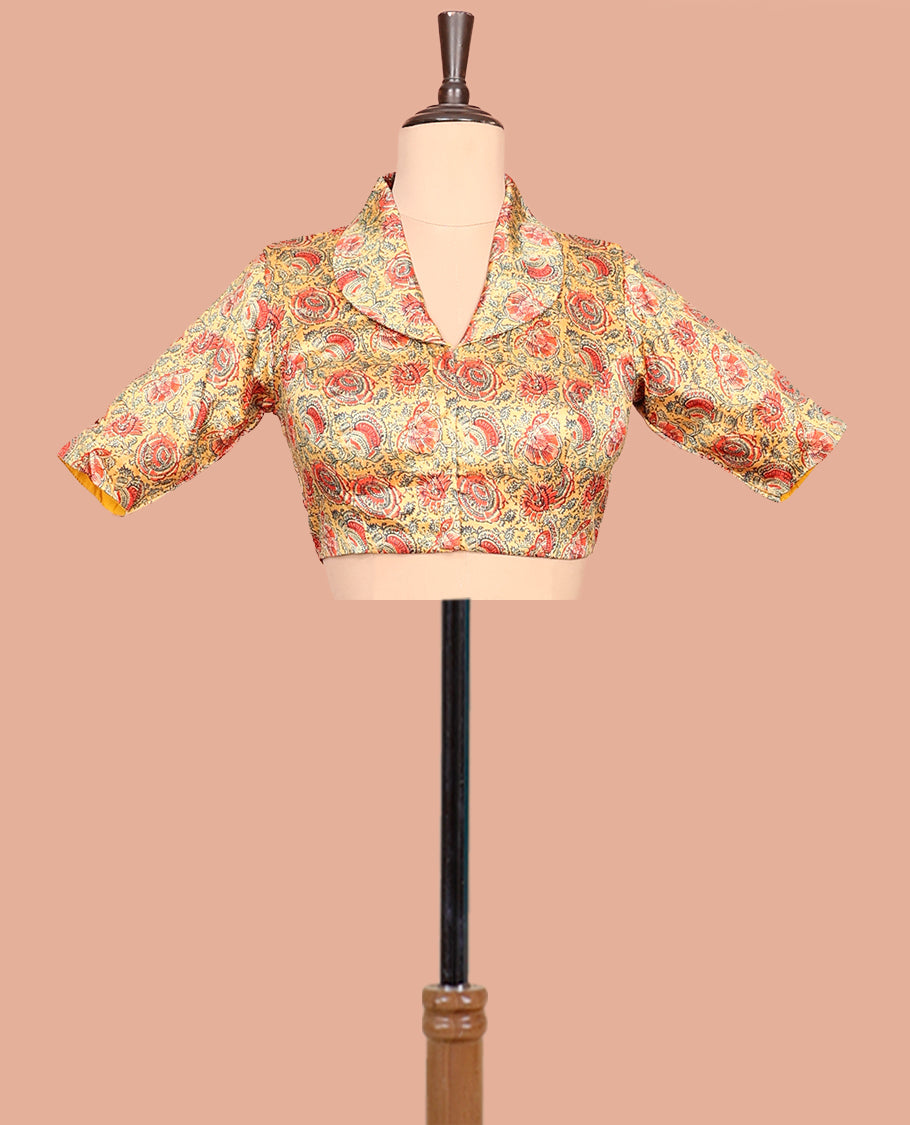 Yellow Readymade Blouse, Adorned with a Floral Vine Print, Featuring a Front Shawl-Neck, Back Shawl-Neck, and Elbow Sleeves