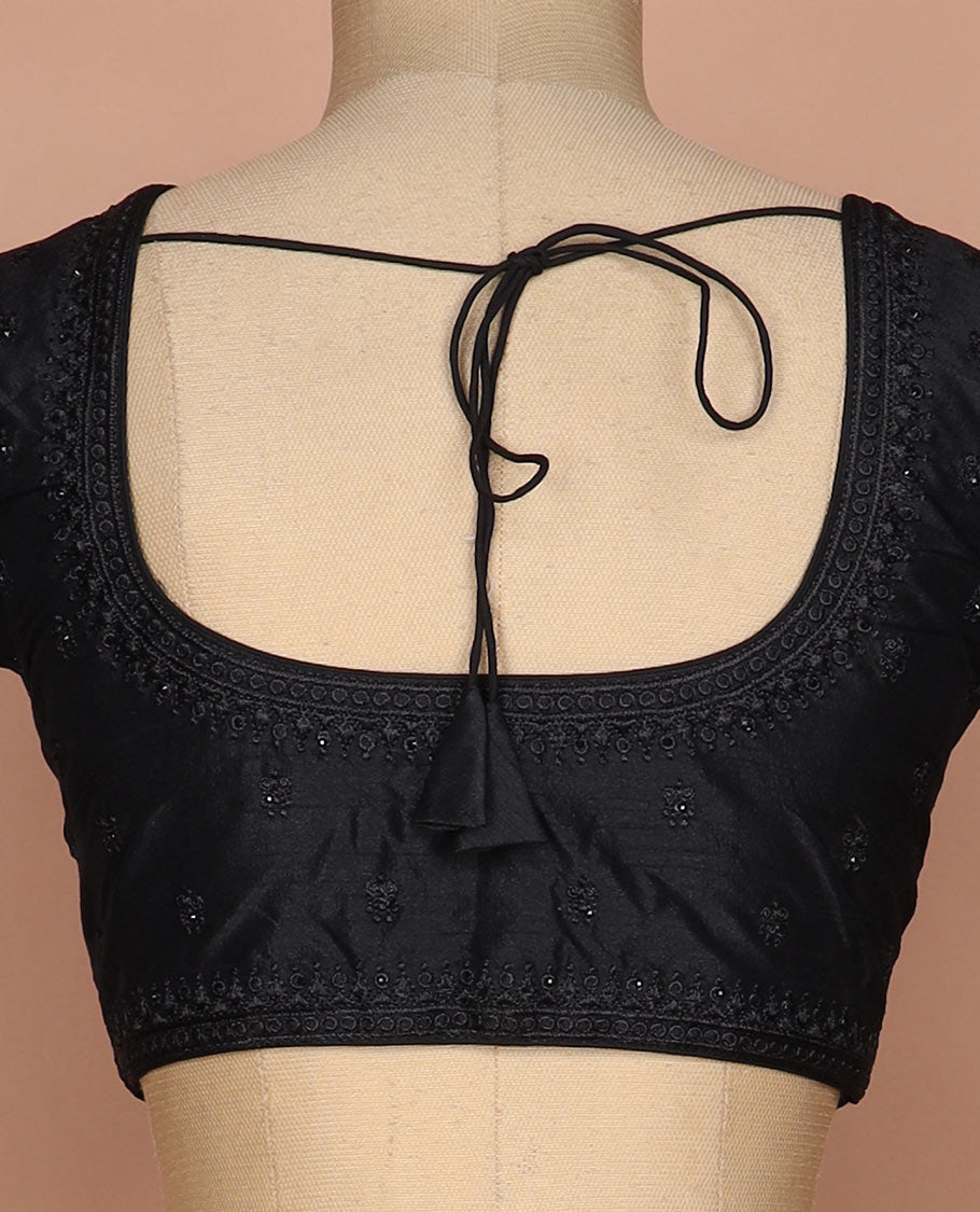 Black thread embroidered round neck elbow sleeve raw silk readymade blouse