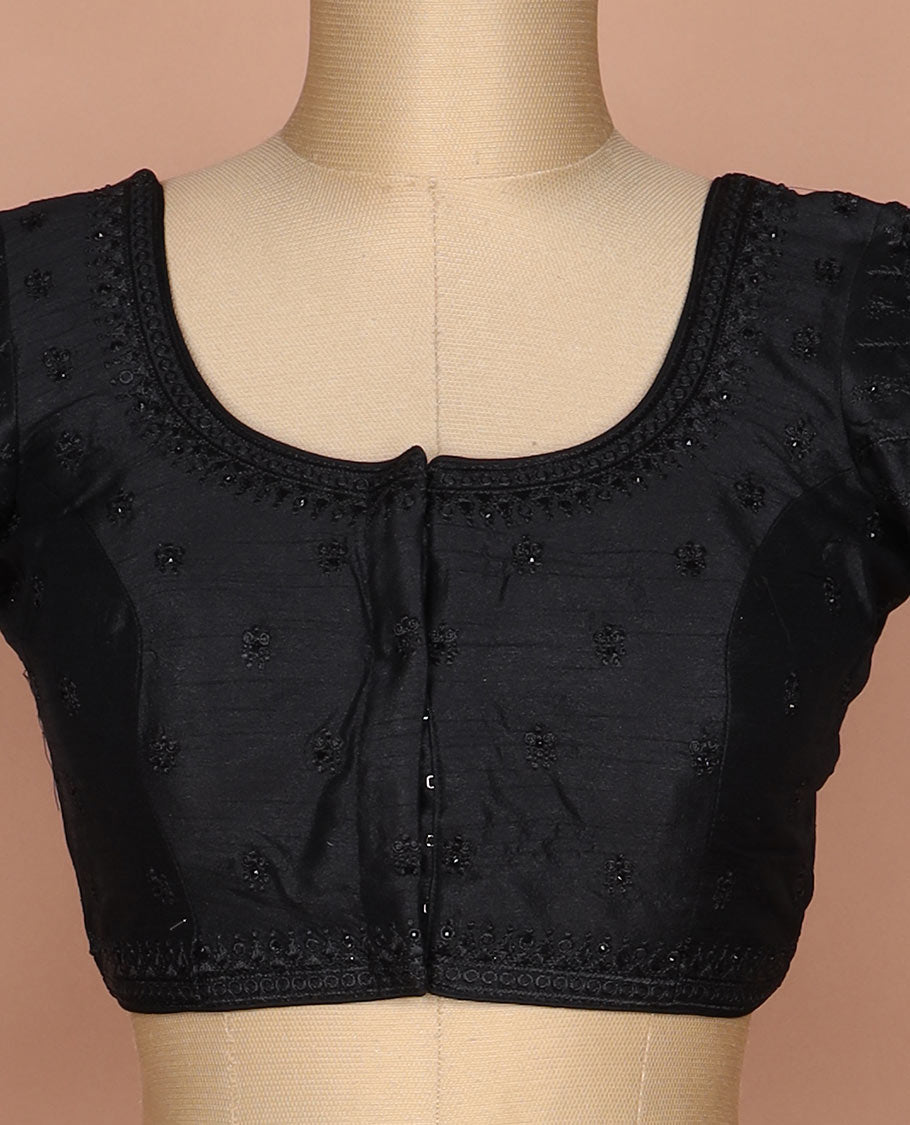 Black thread embroidered round neck elbow sleeve raw silk readymade blouse
