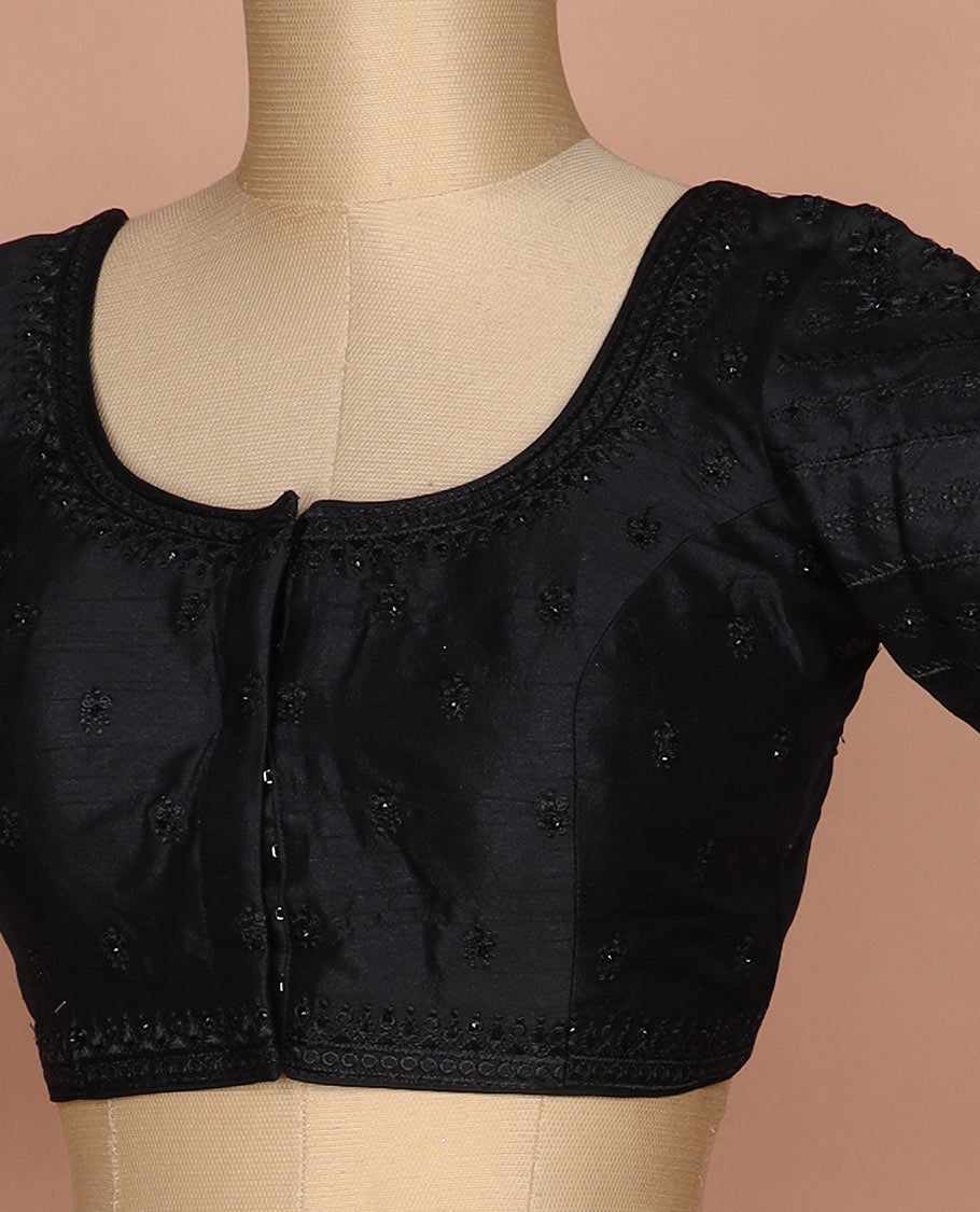 Black thread embroidered round neck elbow sleeve raw silk readymade blouse