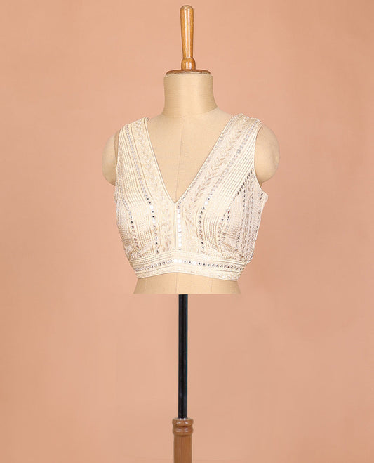 Light sandal floral & geometric motifs thread embroidered sleeveless readymade blouse with front and back deep-V neck