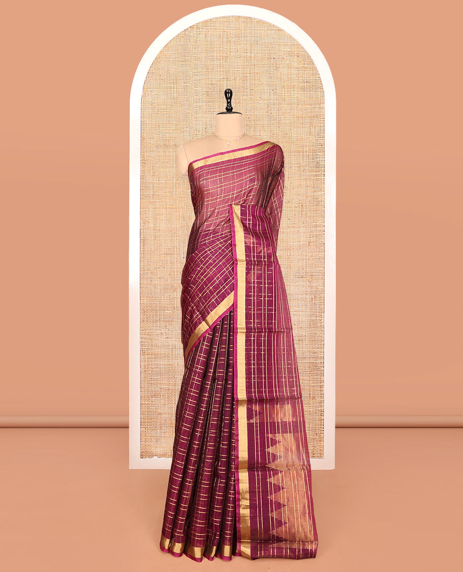 Magenta Silk Cotton Saree, Elegantly Framed with Checks, a Zari Border, Pallu of Temple Designs, and a Matching Blouse
