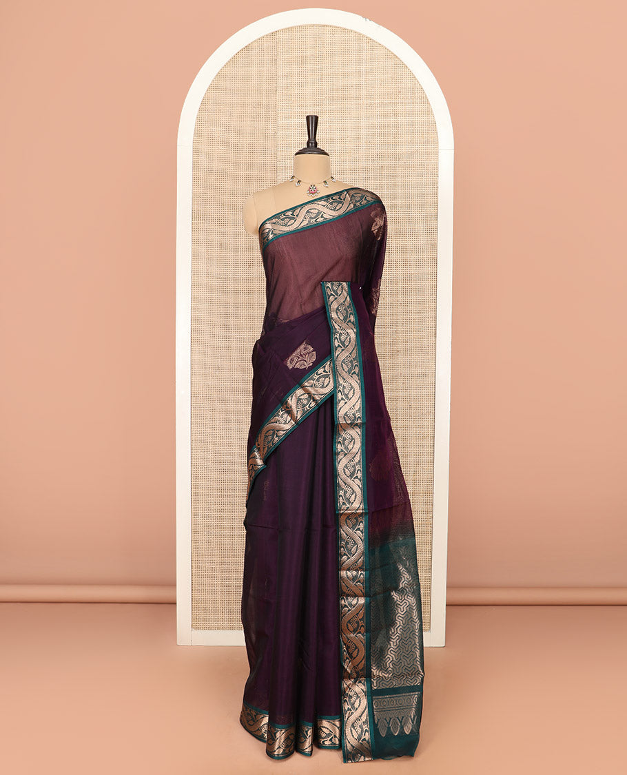 Purple Silk Cotton Saree Delicately Woven with Floral Buttas All Over the Body, Highlighted with Contrast Zari Floral Creeper Border, Pallu Elevated with Geometric Design, and Paired with a Contrast Blouse