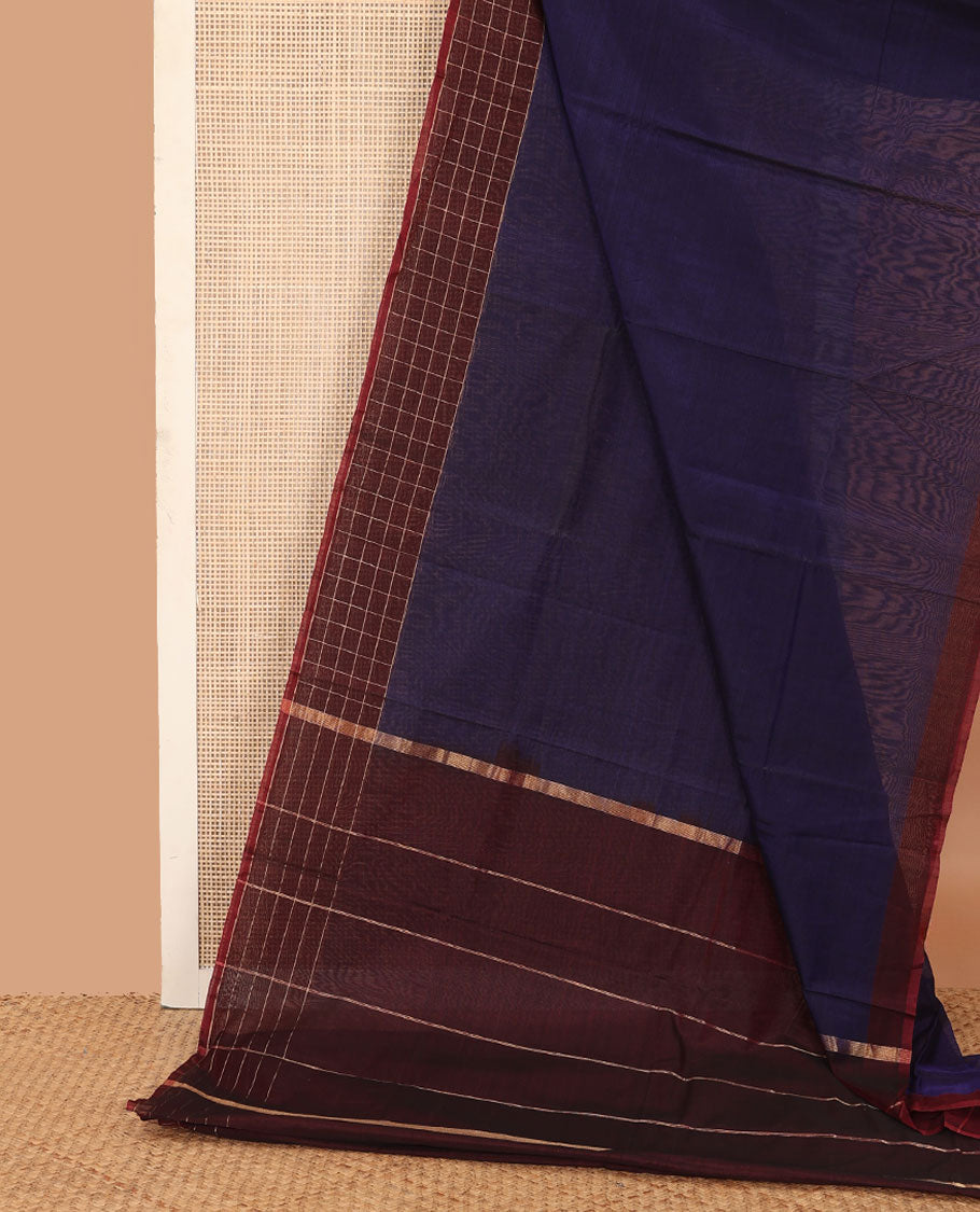 Navy blue plain silk cotton saree, contrast checked border, and striped pallu