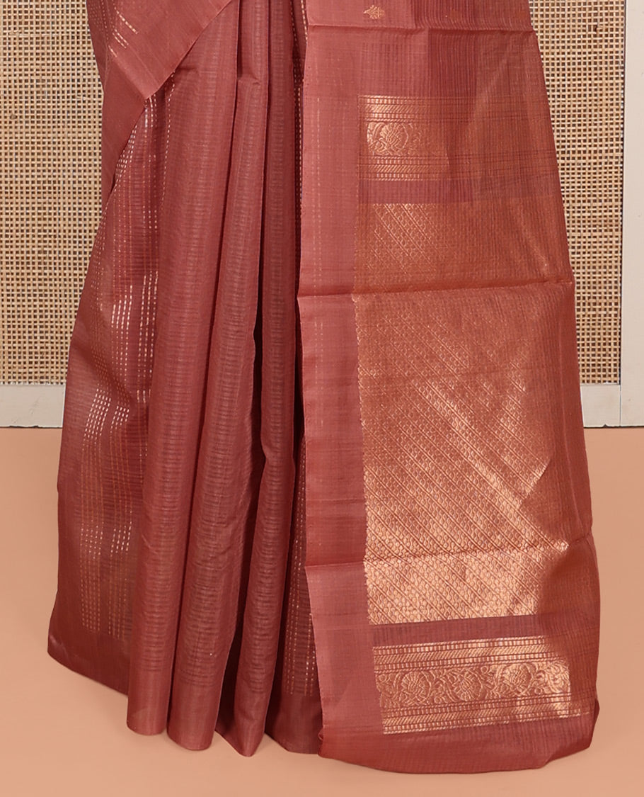 Borderless Rosewood Pink Silk Cotton Saree, Ornamented with Zari Buttas and Stripes, Grand Pallu, and a Matching Blouse